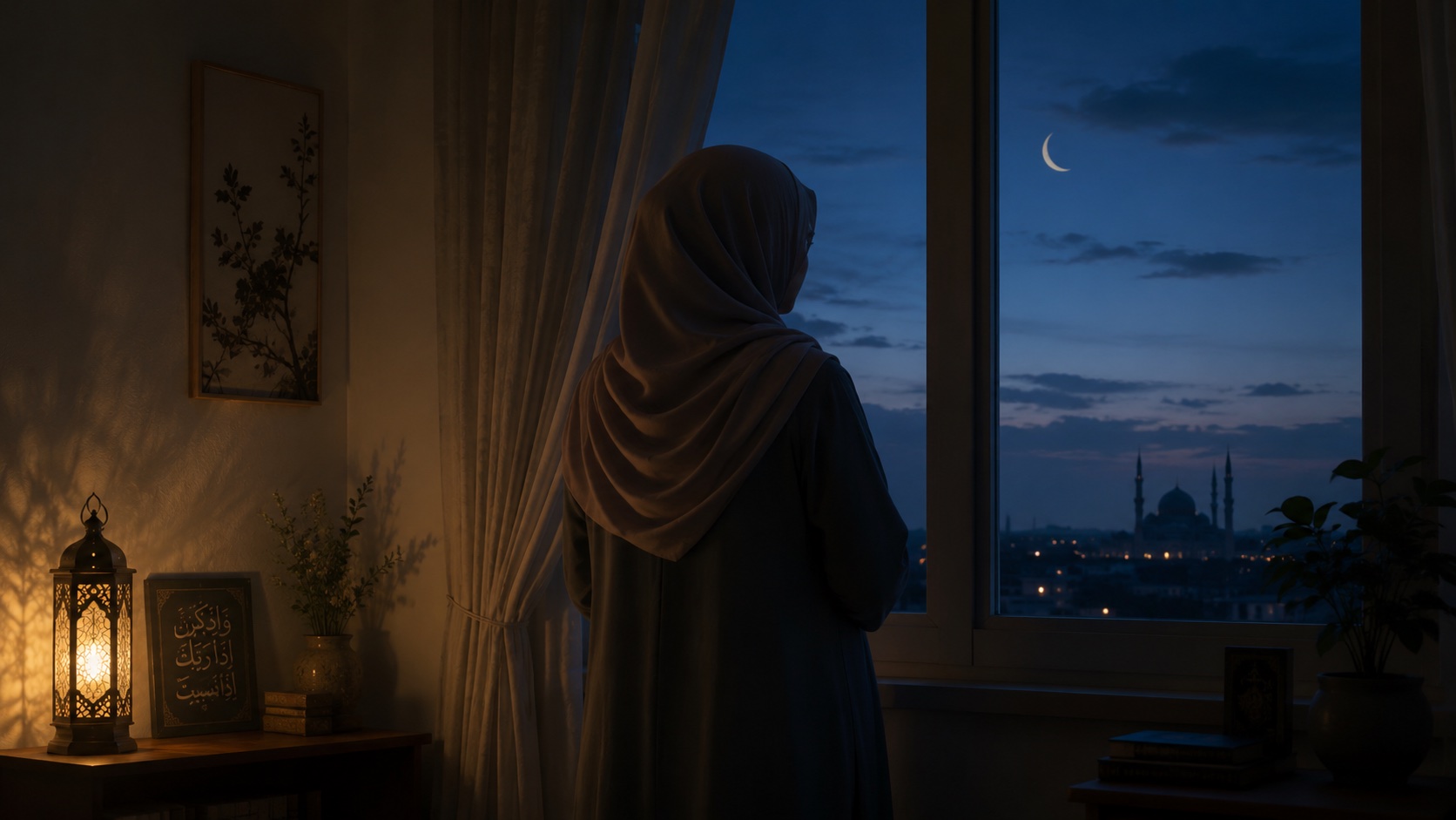 Femme musulmane de dos regardant le croissant de lune par la fenêtre