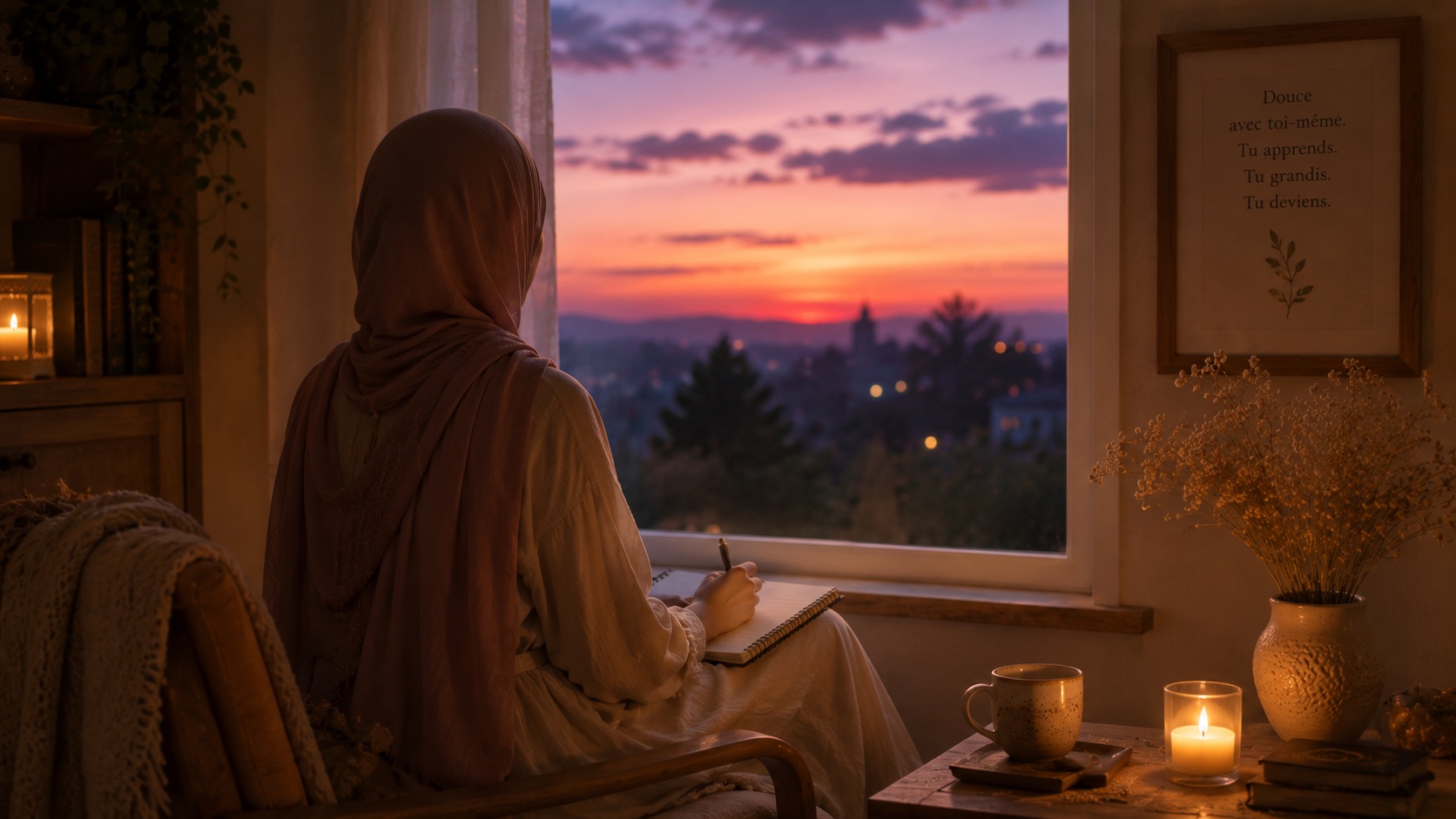 Femme musulmane de dos regardant le coucher de soleil depuis sa fenêtre, carnet à la main